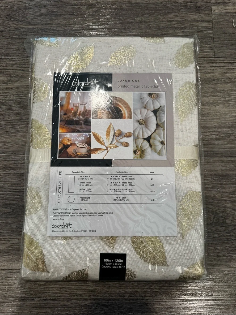 Colordrift Metallic Leaf Oblong 60 in X 120 in Tablecloth Cream and Gold